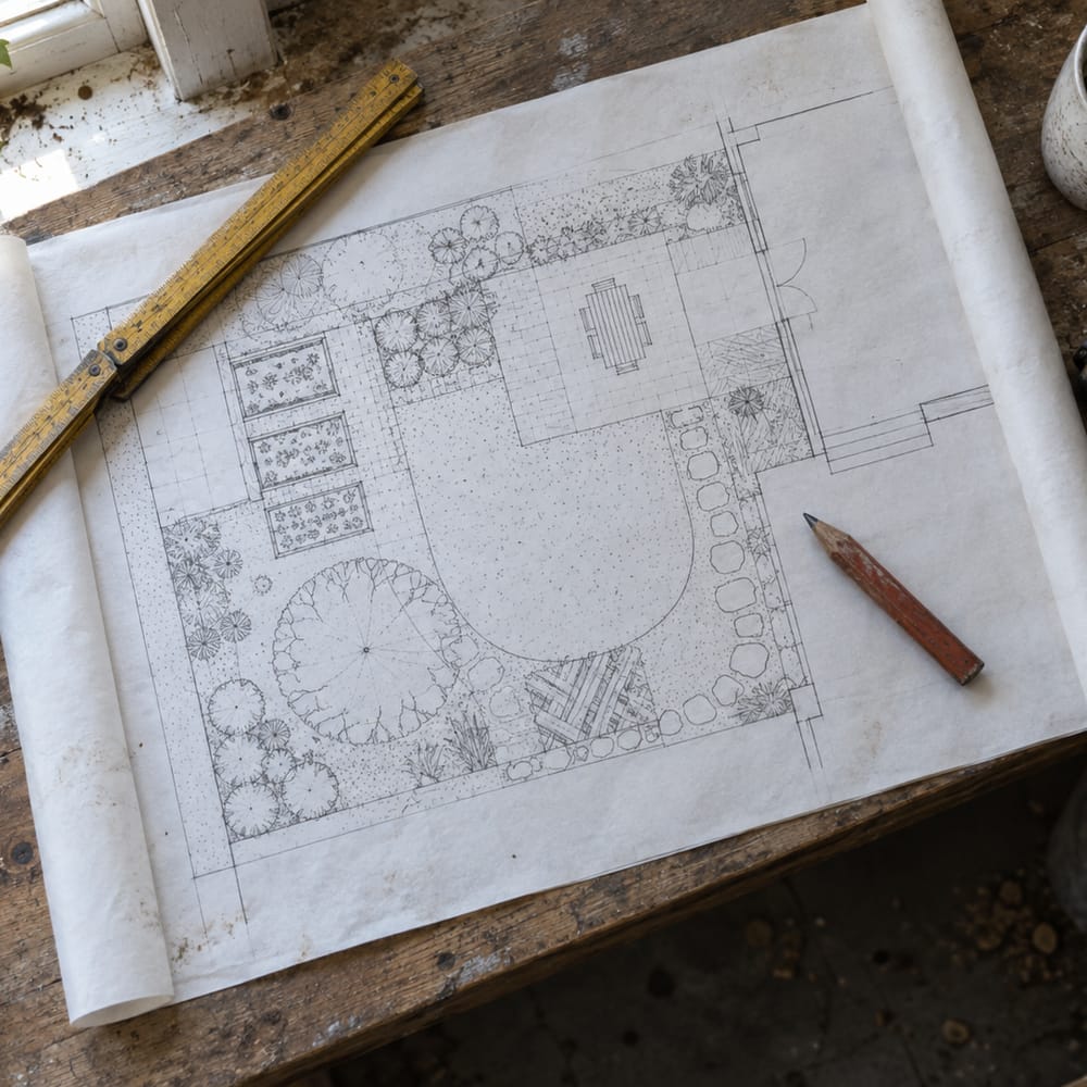 Handgezeichneter Gartenplan mit Zollstock und Bleistift auf einer Werkbank
