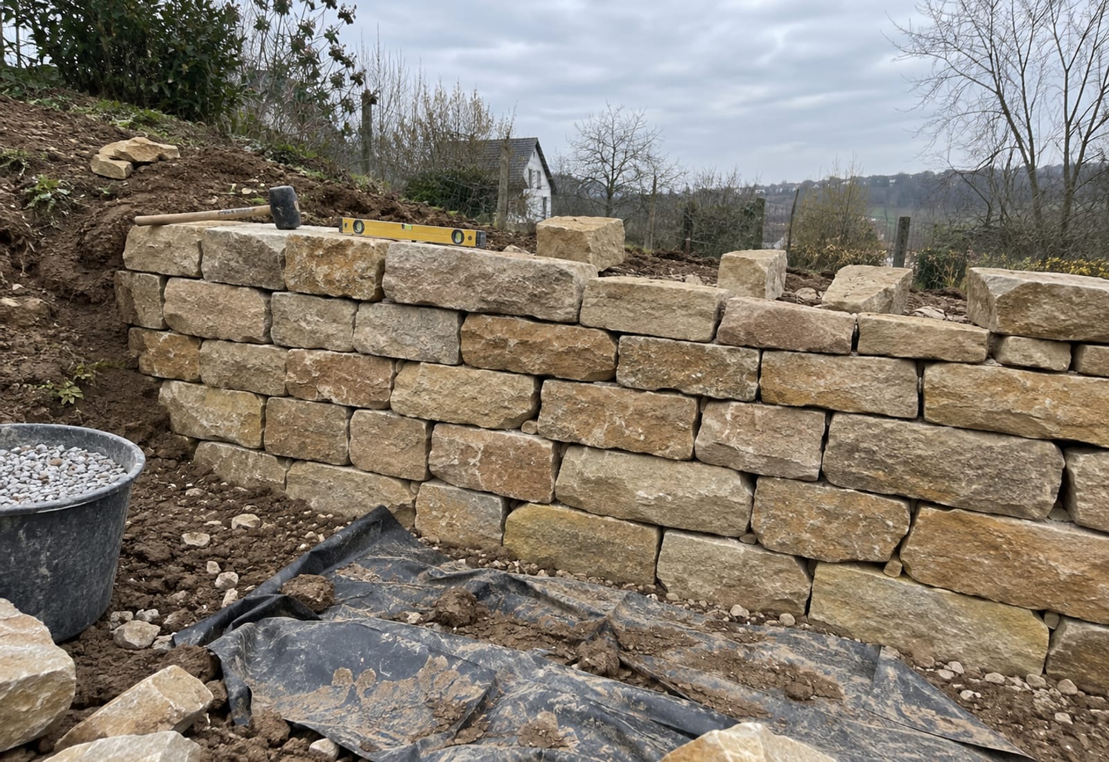 Im Bau befindliche Trockenmauer aus Solling-Sandstein mit Gummihammer und Wasserwaage