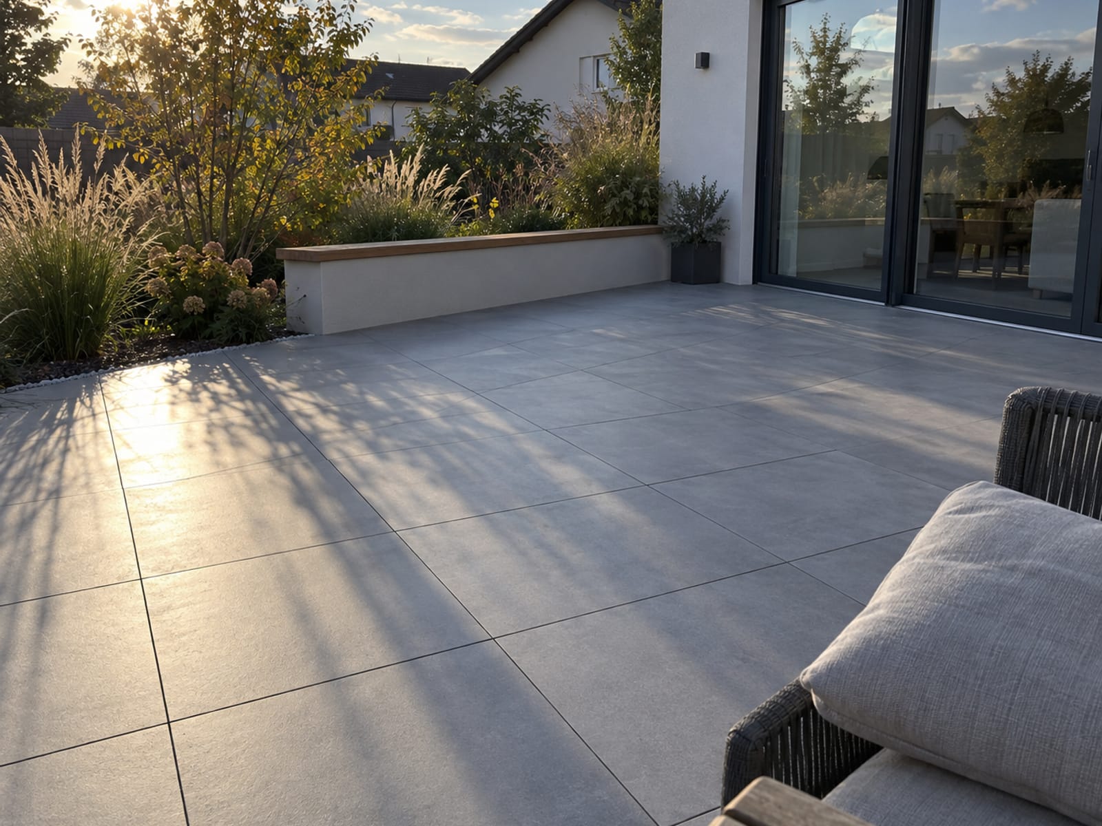Großformatige Terrasse mit Sitzmauer und Gräserbeet in der Abendsonne in Einbeck
