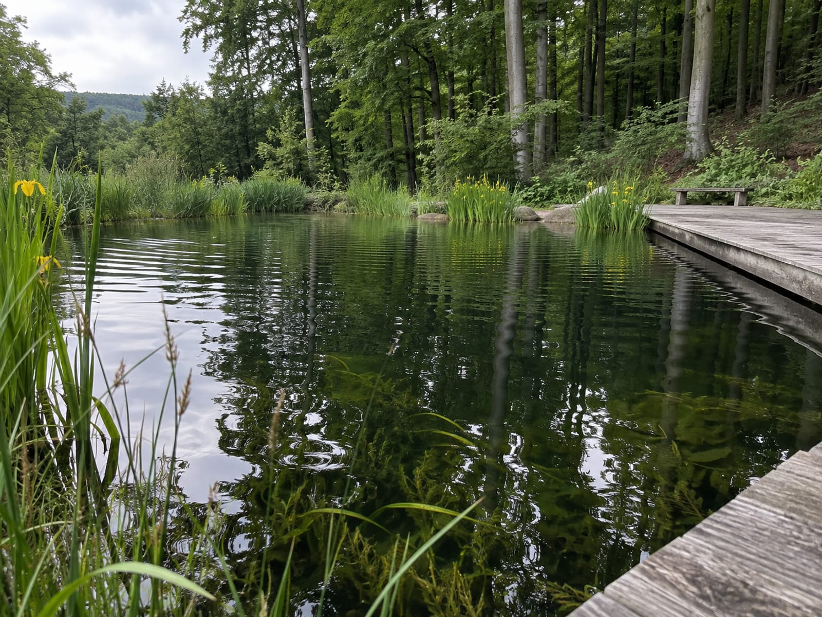 Naturschwimmteich mit Holzdeck und Uferbepflanzung am Waldrand bei Hardegsen
